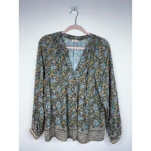 Faherty Block Print Blouse Green Blue Yellow Floral Button Front Viscose Small
